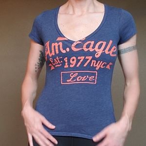 V-neck American Eagle Blue and Orange Shirt